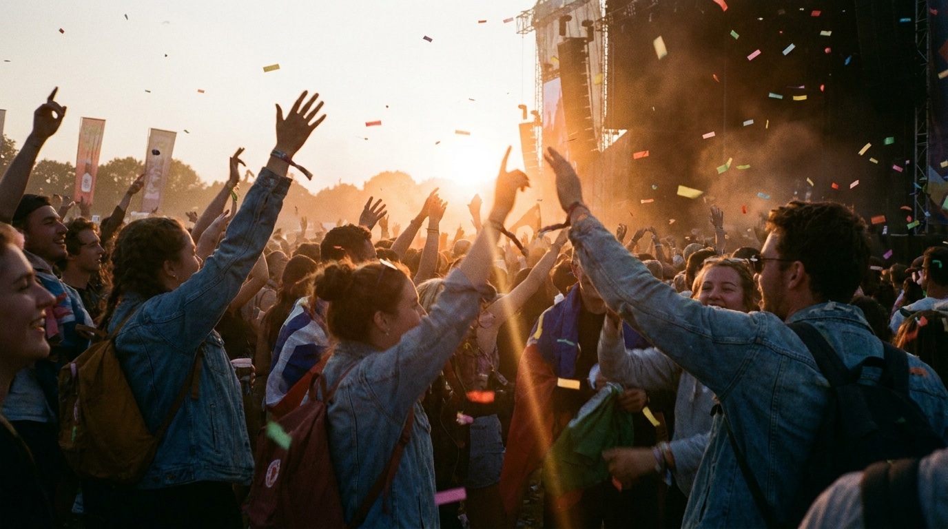 Golden-hour crowd on the apron, hands up, confetti in the air