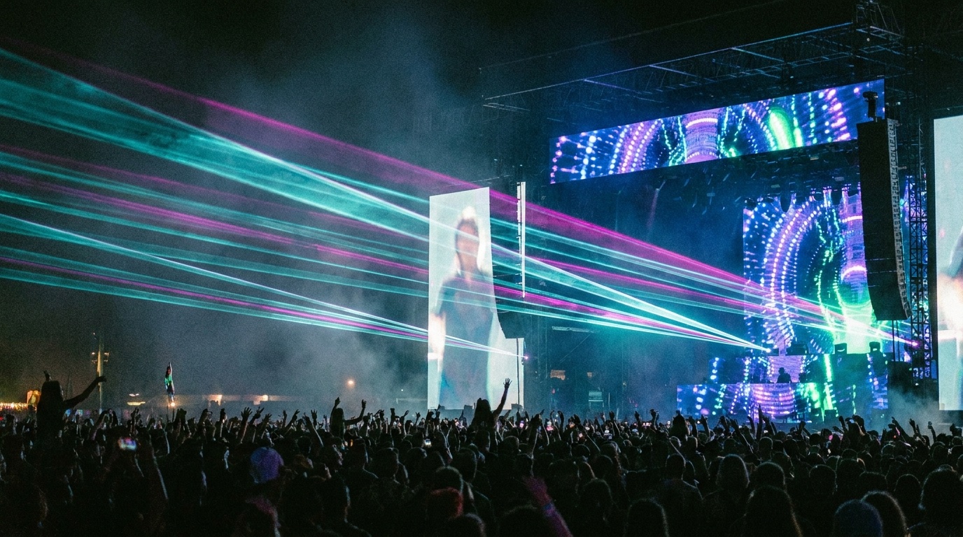Lasers cutting across the Runway Stage crowd at night